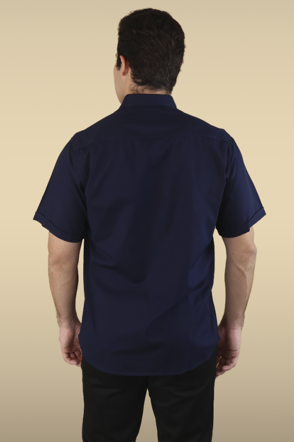 Camisa Manga Corta Azul Marino Slim Fit Cuello Americano Para Caballero